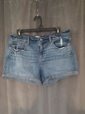 Old Navy Size 12 Medium Blue Rolled Cuff Denim Shorts With Distressing
